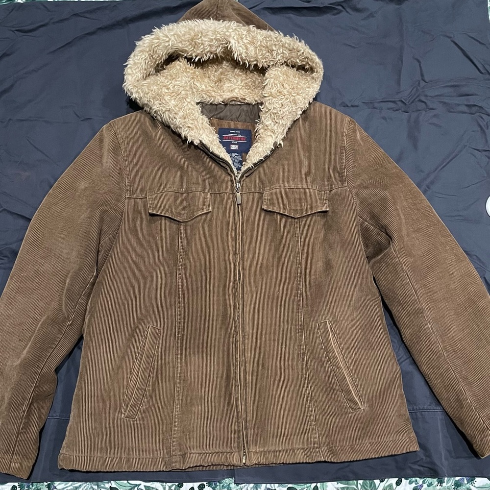 Brown corduroy vintage jacket with fur hood